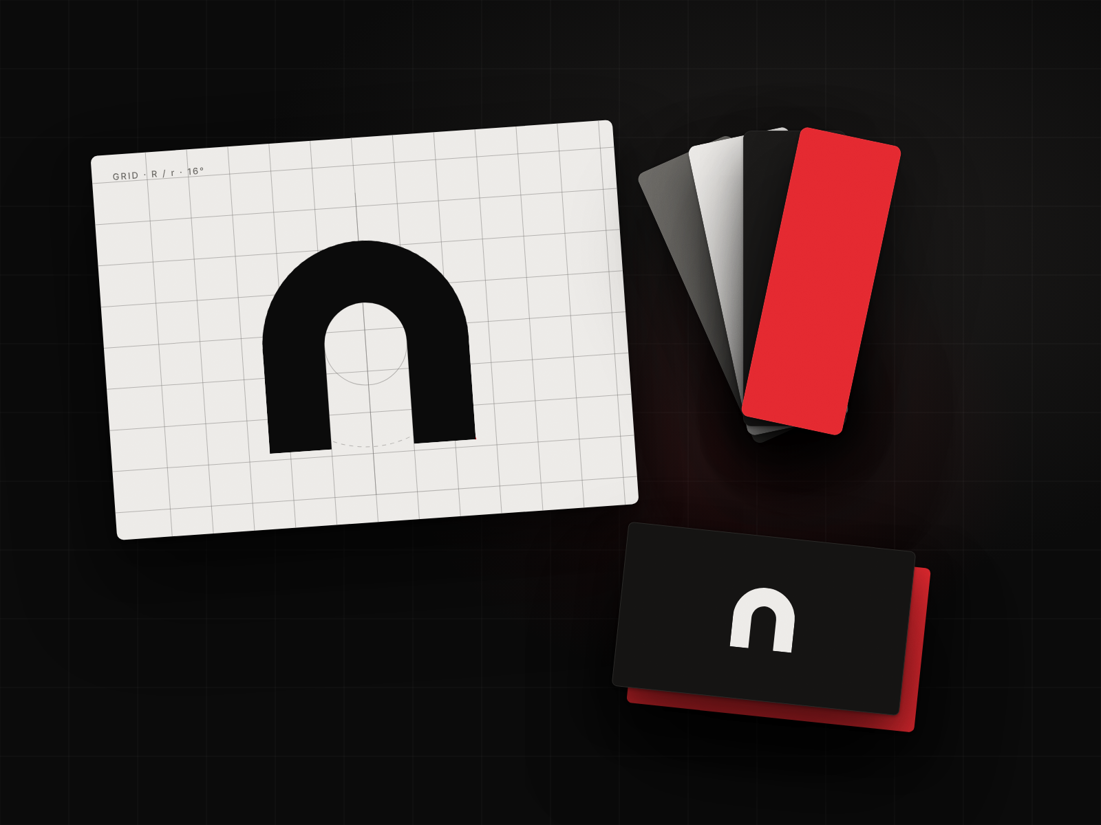 Concept frame for branding: the red symbol and a few type rules. Not a client project.